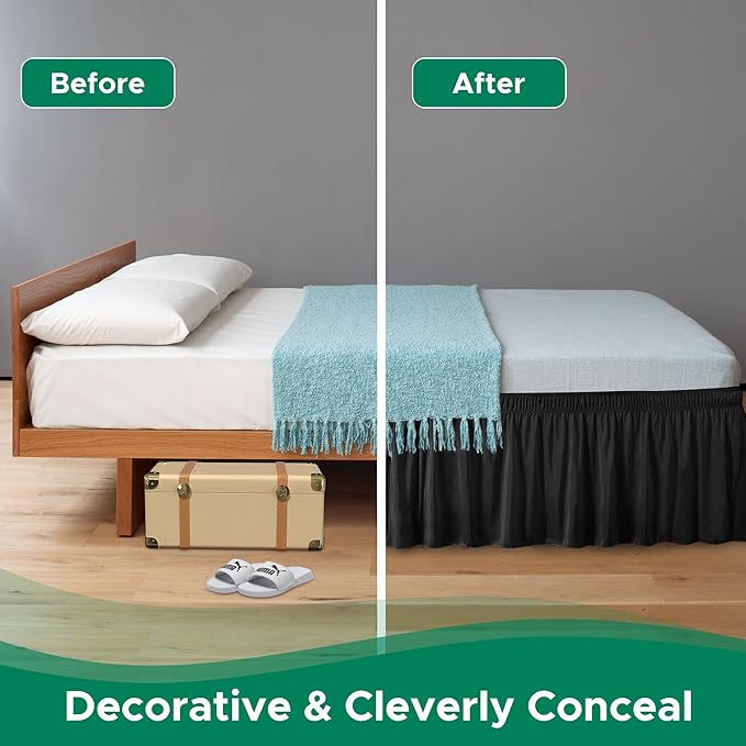 Biscaynebay Wrap Around Bed Skirts for Full & Full XL Beds 22" Long Drop, Black Adjustable Elastic Dust Ruffles Easy Fit Wrinkle Resistant Silky Luxurious Fabric Machine Washable
