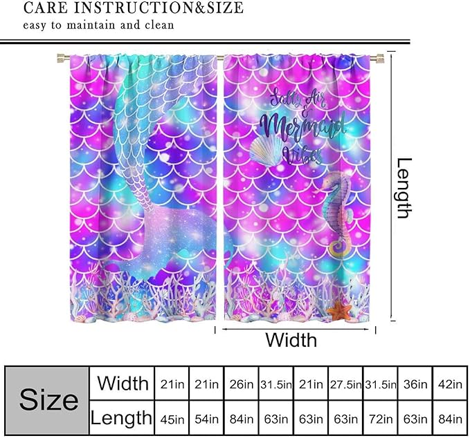 Dream Mermaid Curtains for Kids Boys Girls Ocean Theme Colorful Rainbow Fish Tail Blackout Window Treatment for Bedroom Nursery Room Decor Window Drapes 42" W X 45" L