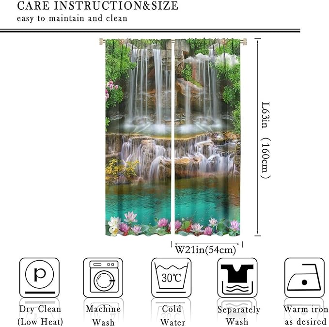 Waterfall Blackout Window Curtains, Rocky Waterfall to Pond Running Off Scenic Nature Themed Picture Print Window Drapes, for Living Room Bedroom 42x63in 2 Panels