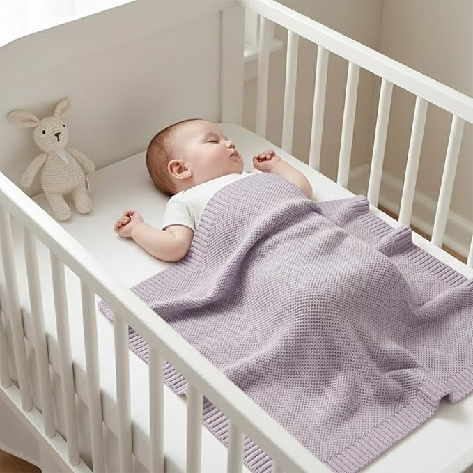 Baby Knit Blanket Soft Cotton Lightweight Newborn Blanket for Crib Stroller Toddler Nursery Shower Gift Cozy Breathable Travel Swaddle Wrap Lilac 30 x 40 Inches