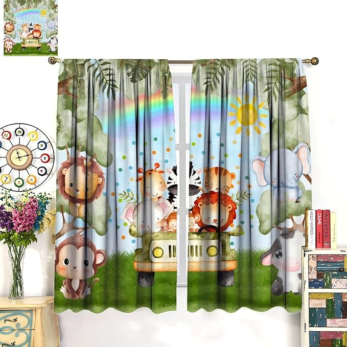 Woodland Kids Curtains Rustic Woodland Wild Animals Watercolor Forest Rainbow Sun Window Draeps for Baby Girls Boys Kids Nursery Bedroom Living Room 2 Panels, 42x54 Inch