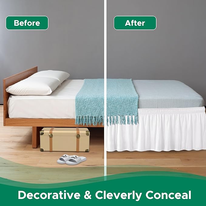 Biscaynebay Wrap Around Bed Skirts for King & Cal King Beds 15" Drop, White Adjustable Elastic Dust Ruffles Easy Fit Wrinkle & Fade Resistant Silky Luxurious Fabric Machine Washable