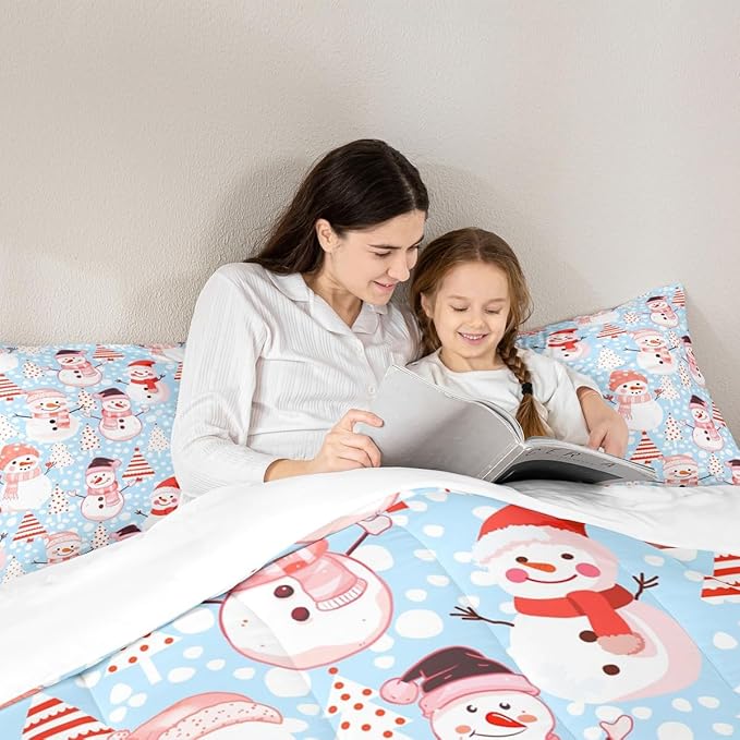 Manfei Christmas Comforter Set Full Size, Snowman and Xmas Trees Bedding Set 3pcs for Kids Girls Adults Bedroom Decor, New Year Blue Down Comforter Soft Polyester Quilt Set with 2 Pillowcases