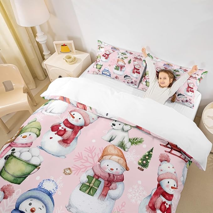 Manfei Christmas Duvet Cover Set King Size, Cute Snowman Dogs Snowflake Comforter Cover with 2 Pillowcases, New Year Pink Bedding Set 3pcs for Kids Boys Girls Lightweight Bedspread Cover,No Comforter