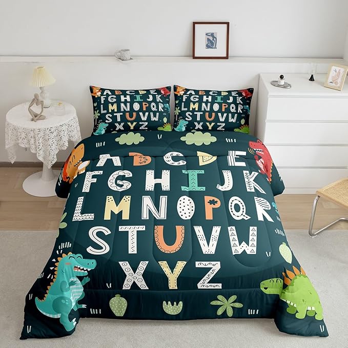 Feelyou Alphabet Kids ABC Learning Bedding Set Twin Size, Cartoon Dino Comforter Kids Educational Nursery Art Comforter Set for Boys Girls Jungle Dino Duvet Set Durable Bed Set 2Pcs