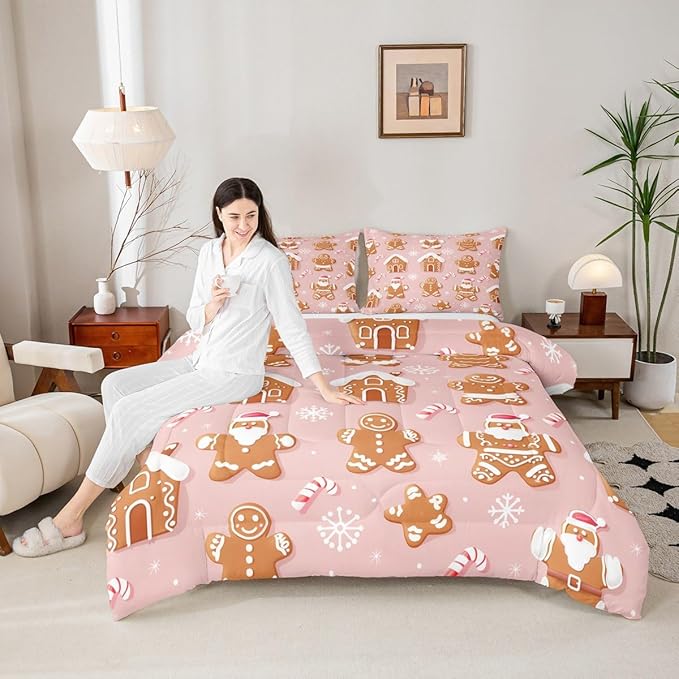 Feelyou Christmas Comforter Set All Season Gingerbread Man Bedding Set with 2 Pillow Cases Santa Microfiber Kids Queen Bedclothes Snowflake Bedroom Decor Duvet Quilt Breathable Soft Lightweight