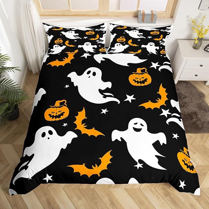 Halloween Bedding Duvet Cover Set Kids Cartoon Ghost Pumpkin Lantern Bedding Set Kids Trick or Treat Decor Comforter Cover Set Microfiber Bat Galaxy Night Bedspread Cover Bedroom Bedclothes Twin Size
