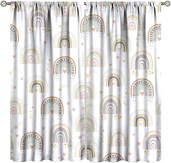 Kids Rainbow Curtains Boho Cartoon Colorful Stars Love Heart Lovely Abstract Art Pattern Print Window Drapes for Girl Bedroom Living Room Kitchen Decor,2 Panel Set,42Wx45H Inch Blackout