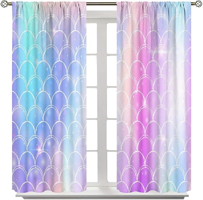Mermaid Blackout Curtains, Kids Cartoon Blue and Pink Ocean Mermaid Scale Pattern Decoration for Girls Bedroom Nursery Curtains 42x45 Inch