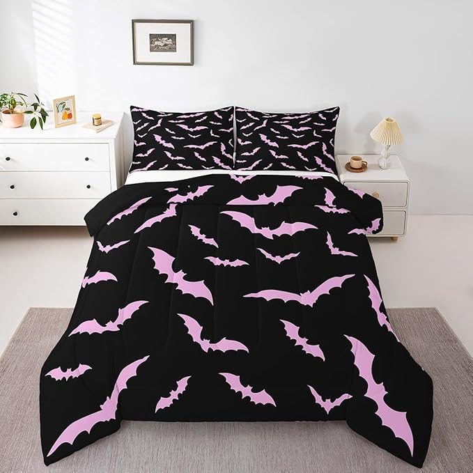 Erosebridal Halloween Bedding Set Full Size for Kids Boys Youth Pink Bats Comforter Set Happy Holiday Gothic Quilt with 2 Pillow Cases Spooky Animal Bedding Comforter Sets