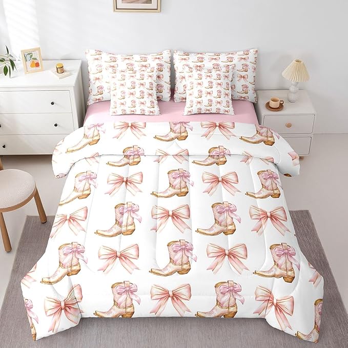 7 Pieces Western Cowgirl Comforter Set Full,Pink Bowknot Cowgirl Boots Rustic Farmhouse Bedding Set,Bow Tie Geometric Patchwork Golden（Comforter+Fitted+Flat Sheet+2 Pillowcases+2 Throw Pillow Covers）