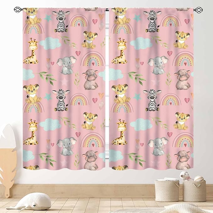 Kids Safari Animals Curtains, Cartoon Giraffe Elephant Monkey Woodland Jungle Pink Window Drapery Treatments for Boys Girls Baby Living Room Bedroom Nursery Classroom 2 Panels, 42"x45" Inch