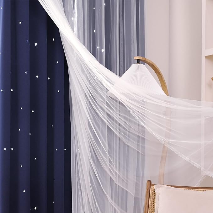 Kinryb Kids Star Cutout Blackout Curtains for Bedroom/Living Room,2 Free Tiebacks Sheer Overlay 72 Inches 2 Panel Set, Double Layer Curtains for Kids Room(W52xL72 Inches,Navy Blue 2 Pcs)