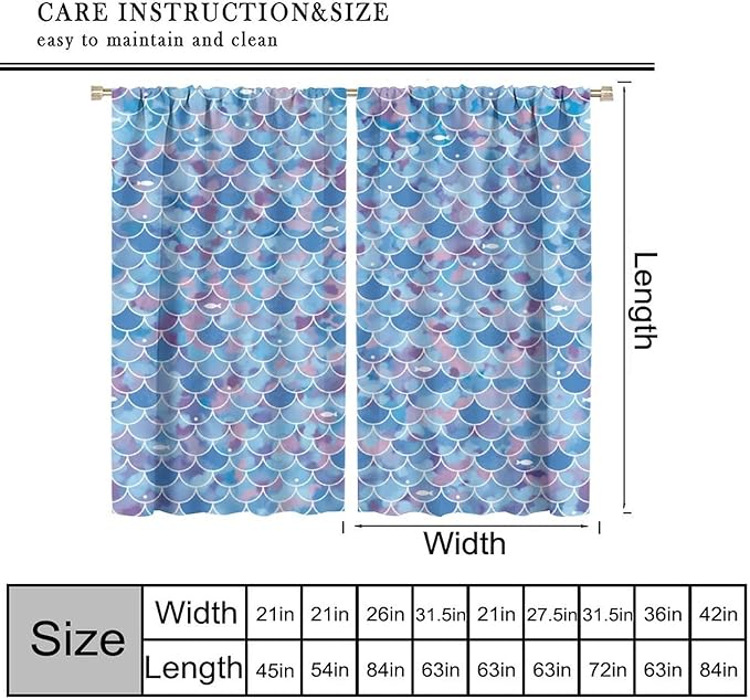 Mermaid Blackout Curtains, Kids Cartoon Blue and Pink Ocean Mermaid Scale Pattern Decoration for Girls Bedroom Nursery Curtains 42x44 Inch