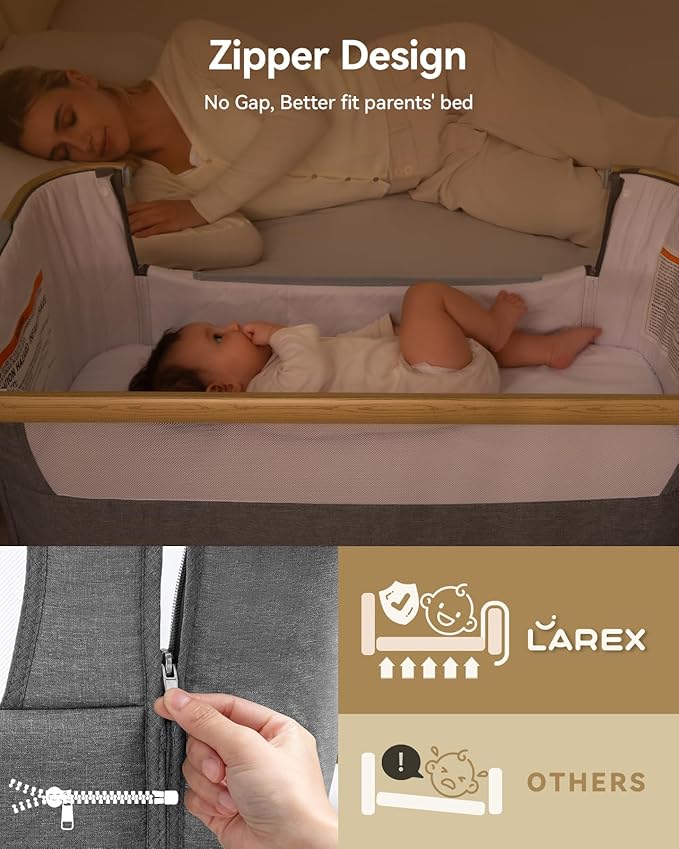 Larex Baby Bassinet Bedside Sleeper for Baby, Baby Crib Bed for Newborn Infant, Bedside Bassinet with Wheels, 5 Adjustable Height, Mosquito Net, Breathable Mattress and Mesh, Storage Basket and Bag