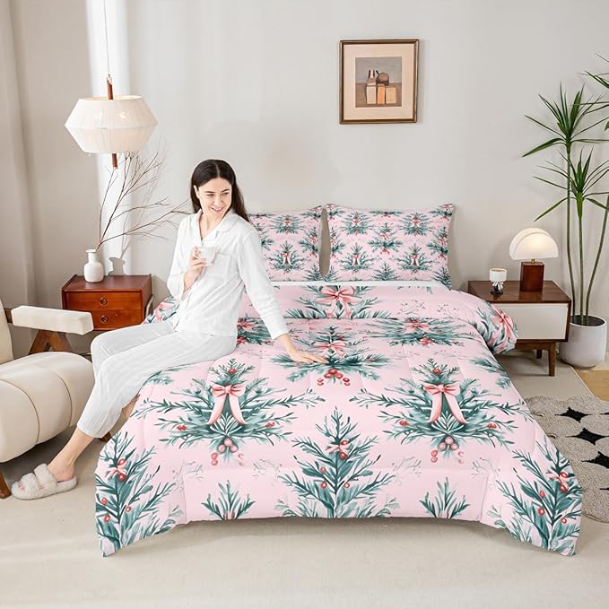 Feelyou Merry Christmas Kids Comforter Set Queen Size Green Xmas Tree Bedding Set Pink Bow Duvet Quilt for Kids Boys Girls Bedroom Decor Microfiber Ultra Soft Breathable