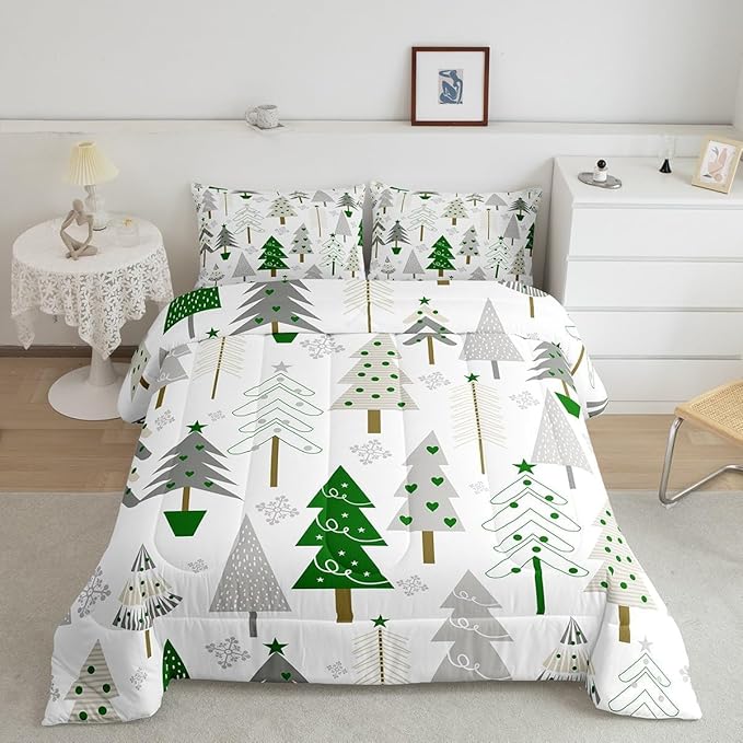 Xmas Trees Comforter Set Toddler Size,Merry Christmas Pine Botanical Boho Hand Drawn Bedding Set for Boys Teens Bedroom,Green Gray Plant Snowflakes Winter Quilted Set with 1 Pillowcase, White