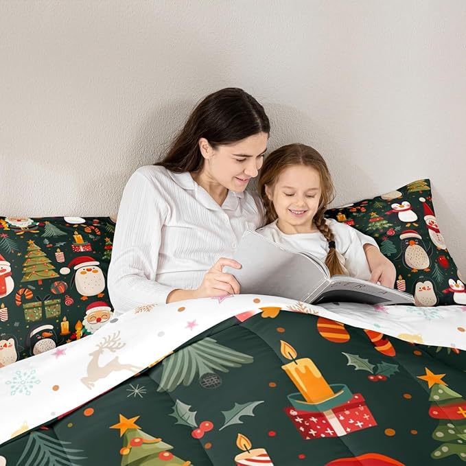 Feelyou Christmas Bedding Set Soft for Boys Girls, Penguin Santa Comforter Set Queen Size Xmas Tree Snowflake Duvet Quilt Microfiber New Year Gift Bedroom Decor 3 Pcs with 2 Pillow Cases