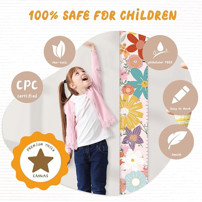 Personalized Name Growth Chart Wall Decor for Kids – Canvas Removable Height Chart Measuring Ruler 59" x 7.9" (Big Flower)
