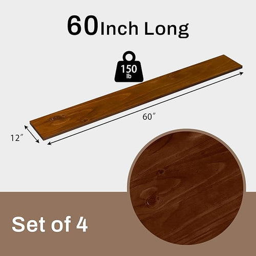 12x60 Inch Rustic Wood Floating Shelves 4-Pack - Farmhouse Walnut Wall Shelves with 100 lbs Capacity, Easy Installation for Living Room, Kitchen, Bathroom (Walnut, 4T60IN)