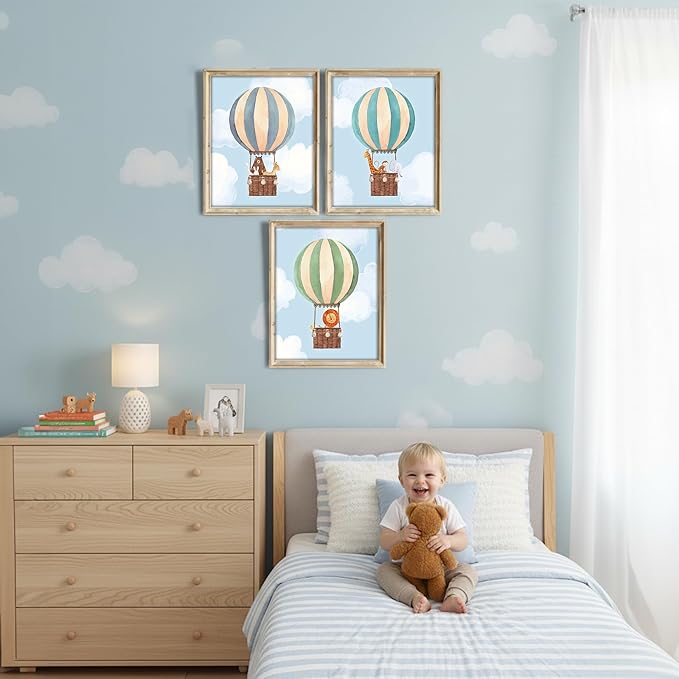 DREAM BIG PRINTABLES Hot Air Balloon Art Prints (Set of 3) - Unframed - 11x14 | Nursery Wall Decor | Modern Wall Decor for Your Little One's Room