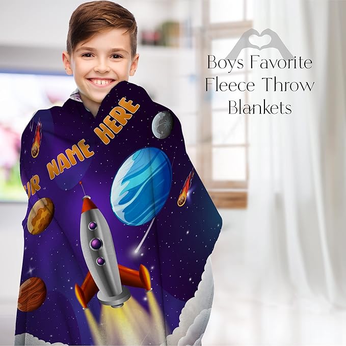 Personalized Rocket Ship Blanket for Kids, Cute Custom Name Throw for Boys and Girls, Fun Outer Space, Galaxy, and Planets, Soft and Plush, Birthday and Christmas, (Sherpa 60x80)