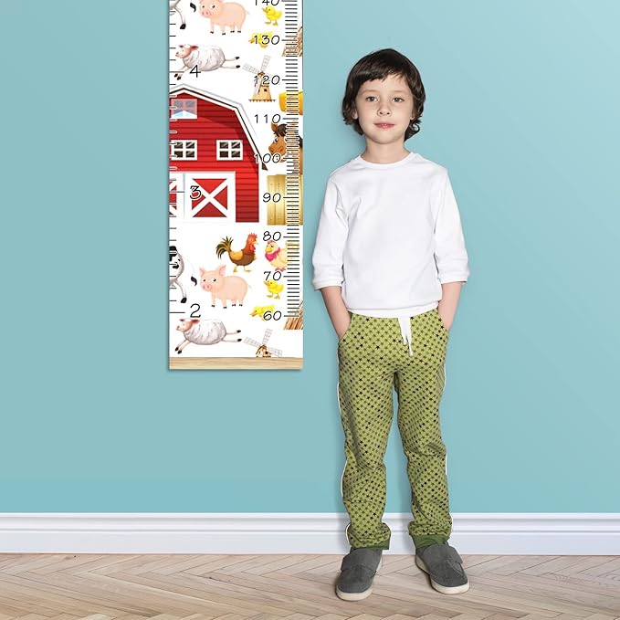 Personalized Kids Name Growth Chart Ruler for Wall Wood Frame Height Measure Chart 13.4x56 in Linen Hanging Height Growth Chart Farm Animals Horse Red Barn Kids Room Decor