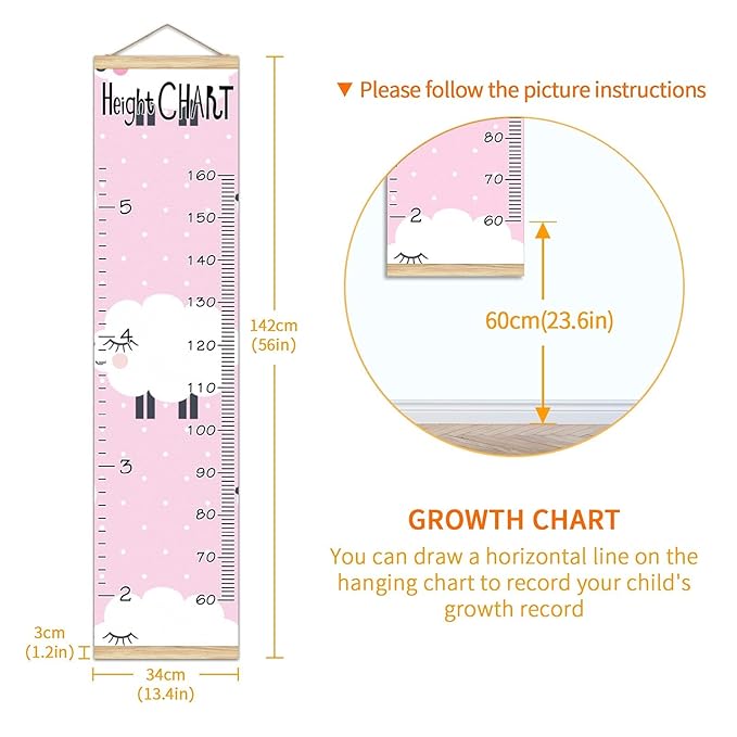 Kids Growth Chart Ruler for Wall Wood Frame Height Measure Chart 13.4x56 in Linen Hanging Height Growth Chart Pink Dot Sheep Kids Room Decor