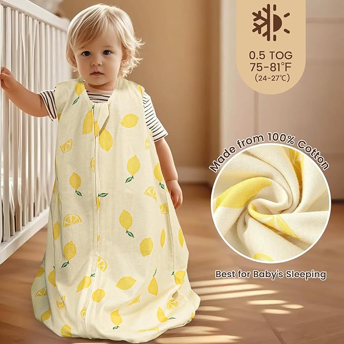 PHF Soft Baby Sleep Sack 0-6 Months 100% Organic Cotton Wearable Blanket, 2-Way Zipper 0.5 TOG Toddler Sleeping Sack 3 Pack, Comfy Sleep Bag for Baby Boys Girls, Lemon (Small)