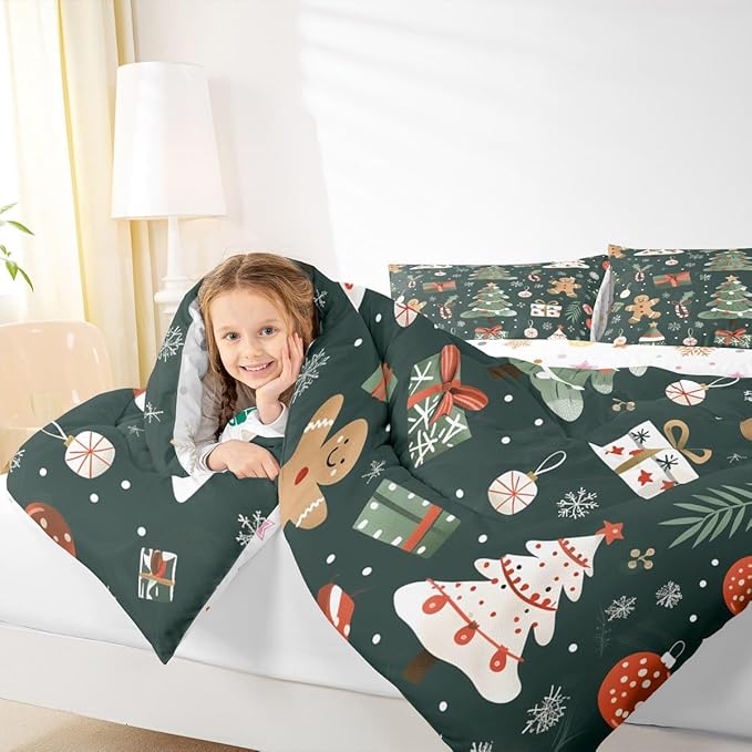 Feelyou Christmas Comforter Set Queen Size Xmas Tree Bedding Set for Kids Boys Girls Gingerbread Man Duvet Quilt New Year Gift Bedroom Decor Microfiber 3 Pcs with 2 Pillow Cases