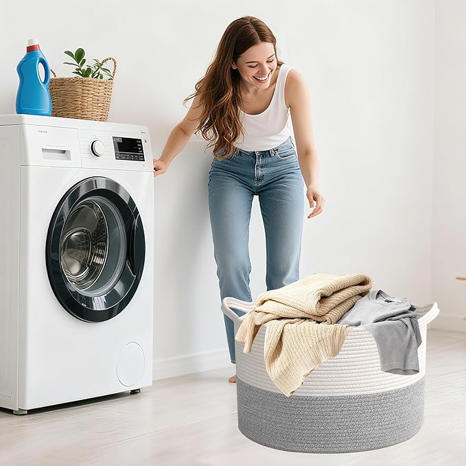 Large Blanket Basket for Organizing,115L Closet Organizers and Storage Bins Box for Shelves Woven Rope Storage Baskets,Living Room,Bedroom,Dorm,Laundry room (White&Grey)