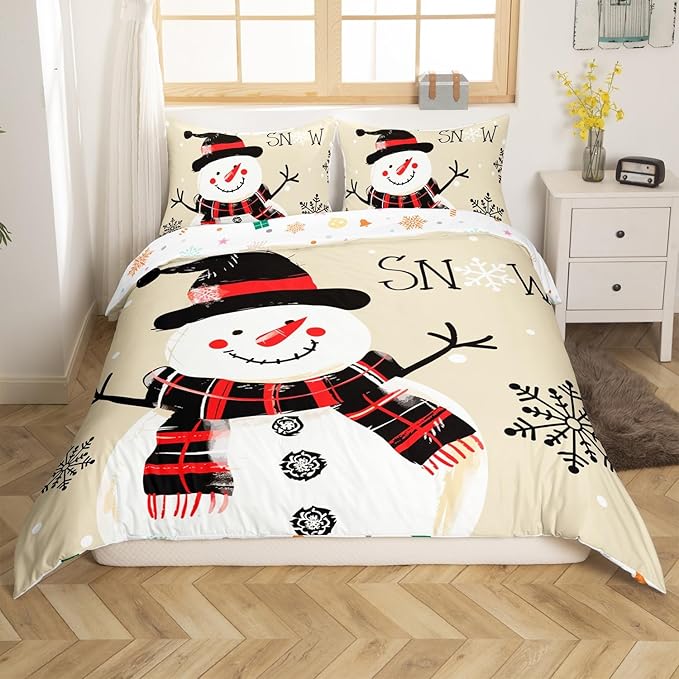 Manfei Kids Snowman Duvet Cover Set King Size, Black Snowflake Xmas Comforter Cover with 2 Pillowcases, Christmas Theme Bedding Set 3pcs for Boys Girls Adults New Year Bedspread Cover,No Comforter