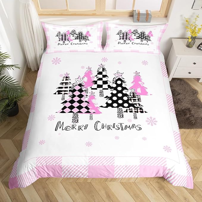 Manfei Xmas Trees Duvet Cover Set Queen Size, Pink Plaid Grid Snowflake Comforter Cover with 2 Pillowcases, Christmas Theme Bedding Set for Kids Girls Room Decor New Year Bedspread Cover, No Comforter