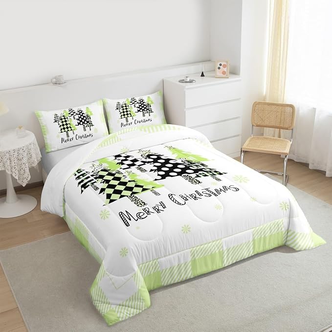 Manfei Xmas Trees Comforter Set Full Size, Green Plaid Grid Snowflake Bedding Set 3pcs for Kids Girls Adults Bedroom Decor, Christmas Theme Down Comforter New Year Quilt Set with 2 Pillowcases