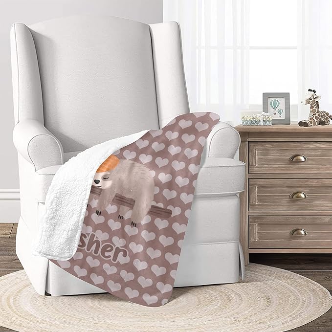 Sloth Hearts Personalized Receiving Sherpa Fleece Baby Blankets for Girls Boys Kids, Swaddle Blankets Gift for Newborn Crib Infants 30x40 Inches