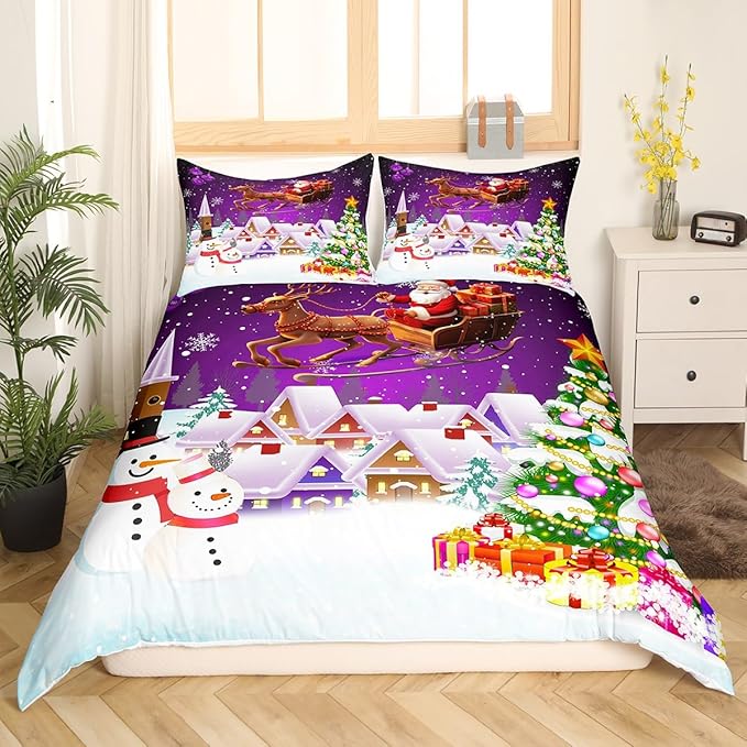 Manfei Xmas Duvet Cover Set Twin Size, Snowman Christmas Tree Bedding Set for Kids Boys Girls, Santa Claus with Reindeer Comforter Cover New Year Theme Quilt Cover with 1 Pillowcase, No Comforter