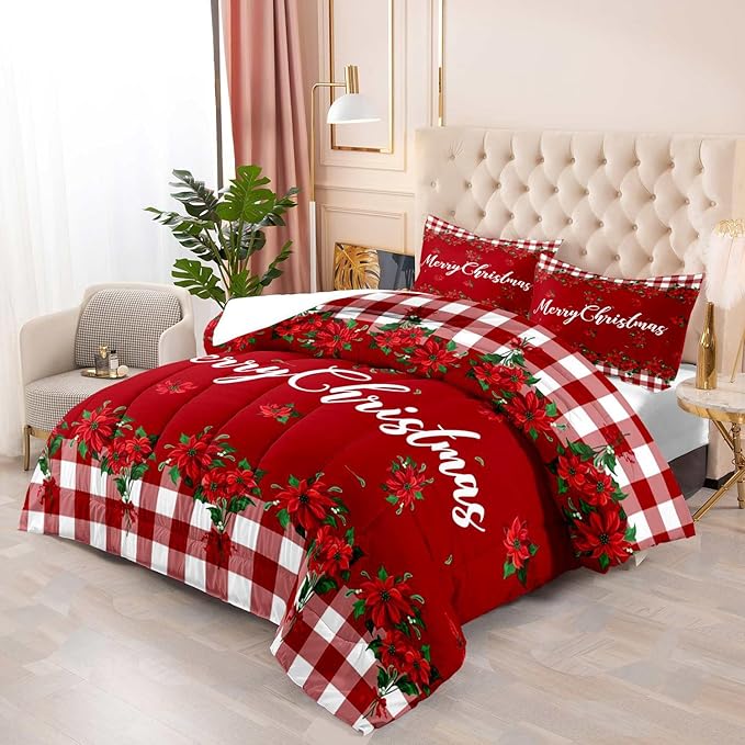 LUVIVIHOME 2PCS Christmas Comforter Set Twin Size, Farmhouse Bedding, Holiday New Year Xmas Floral Checkered Red Buffalo Plaid Bedding, Poinsettia Christmas Decorations, Xmas Gifts, 1 Pillow Case