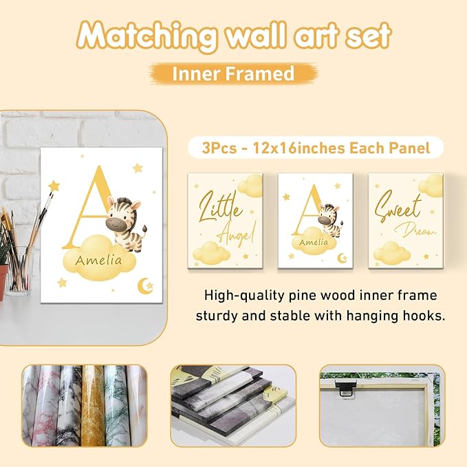 Personalized Baby Crib Bedding Set, 5 Pcs Custom Name Nursery Bedding Set, Yellow Zebra Baby Bedding Set for Girls Boys, Double Layer Crib Sets, Customized Gifts for Toddler Infant New Parents