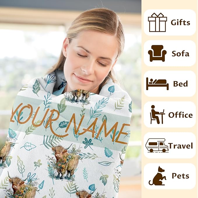 Custom Throw Blanket for Women - Cute Highland Cow Blanket Gift for Mom Daughter Grandma Nana - 80x60 Inches Personalized Aesthetic Throws with Name for Bed Couch Sofa