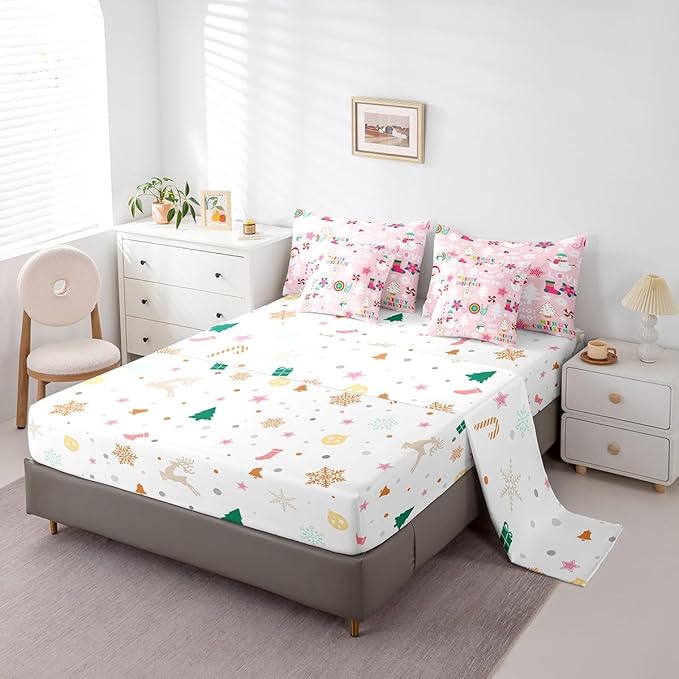 Christmas Kids Bedding Set Cartoon Snowman Gingerbread Man Comforter Set with Sheets for Boys Girls Christmas Tree Decor Bed in a Bag Pink Xmas Theme Bed Set 7Pcs Queen Size