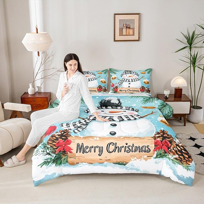 Feelyou Merry Christmas Comforter Set Toddler Size Cute Snowman Bedding Set for Kids Boys Girls Snowflake Duvet Quilt Winter Bedroom Decor Microfiber 2 Pcs with 1 Pillow Cases