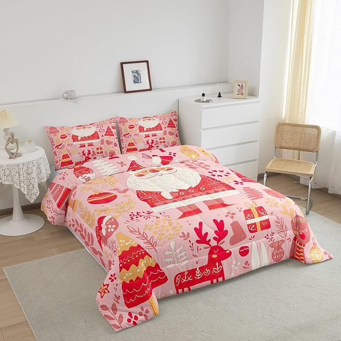 Feelyou Cute Santa Claus Bedding Set for Kids Boys Girls Full Size Xmas Deer Elk Decor Comforter Set Ultra Soft Comforter Xmas Tree Duvet Quilt Bedroom Decor Christmas Decor Quilt