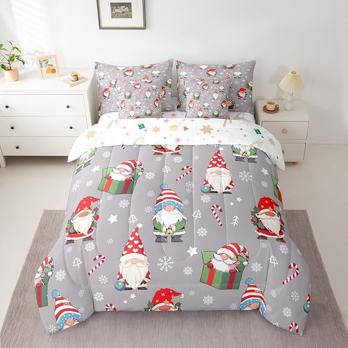 Christmas Gnomes Comforter Set With Sheets 7 Piece Queen Size Cute Snowflakes Candy Bedding Set for Kids Boys Girls Grey Bed in a Bag Reversible Xmas Decor Room Decor Soft Lightweight Microfiber