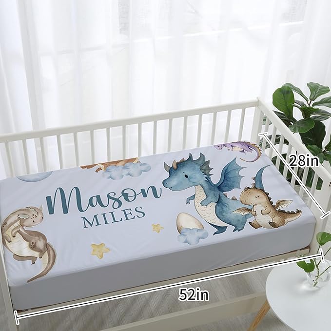 Custom Baby Crib Bedding Set,Personalized Name Blue Dinosaur Pattern Nursery Bed Set 4 Piece,Baby Blanket Fitted Sheet Nursery Rug Wall Art Set,Custom Room Decor Idea Gift for Newborns Boys Girls