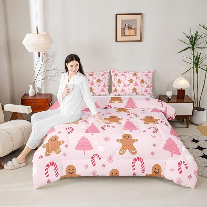 Feelyou Cute Gingerbread Man Comforter Set All Season Pink Christmas Tree Bedding Set with 2 Pillow Cases Candy Cane Kids King Snowflake Room Decor Christmas Duvet Quilt Breathable Soft Lightweight