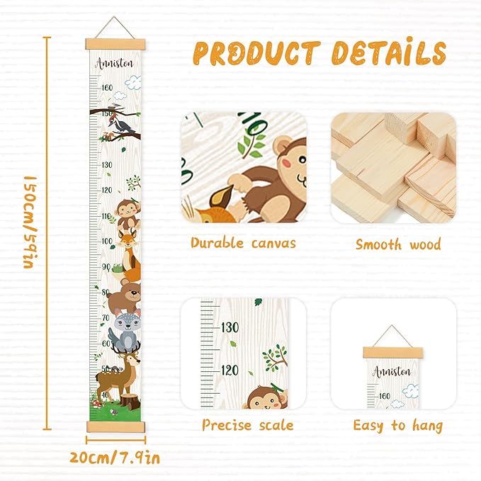 Kids Growth Chart for Wall - Premium Canvas Removable Height Ruler for Wall, Height Chart Measuring for Kids & Baby (Zoo)