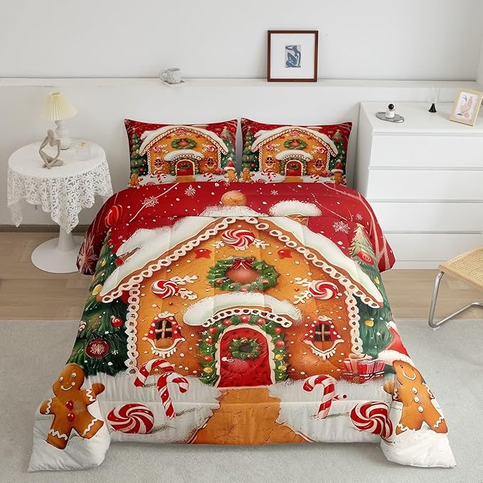 jejeloiu Kids Christmas Theme Comforter Set King Size Xmas Tree Gingerbread Man Bedding Set for Boys Girls Teens Candy Cane House Winter Happy New Year Duvet Quilt Room Decor