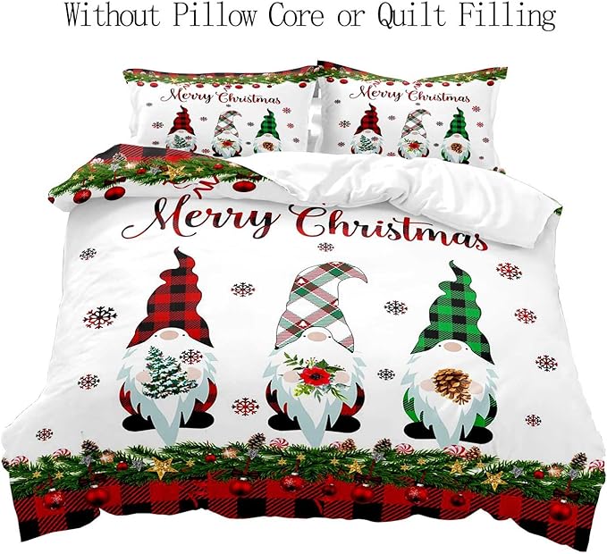 LUVIVIHOME 3PCS Christmas Gnome Duvet Cover King, Christmas Bedding, White Duvet Cover, Holiday New Year Santa Claus Snowflake Black Red Checkered Buffalo Plaid Comforter Quilt Cover, 2 Pillow Cases