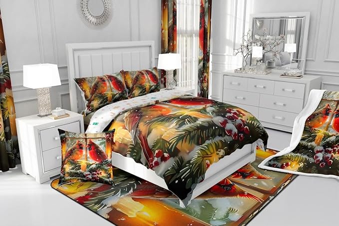 Feelyou Merry Christmas Kids Comforter Set Full Size Cardinal Bedding Set Winter Bird Duvet Quilt for Kids Boys Girls Bedroom Red Berries Decor Microfiber Ultra Soft Breathable