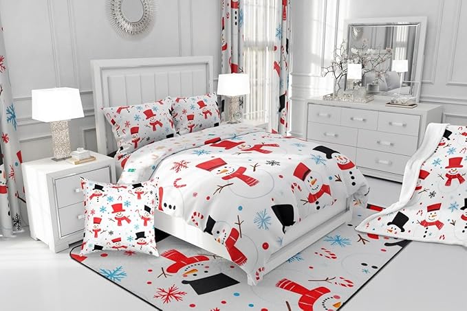 Feelyou Merry Christmas Comforter Set All Season Snowman Bedding Set with 2 Pillow Cases Winter Holiday Microfiber Kids King Bedclothes New Year Gift Bedroom Decor Duvet Quilt Soft Lightweight